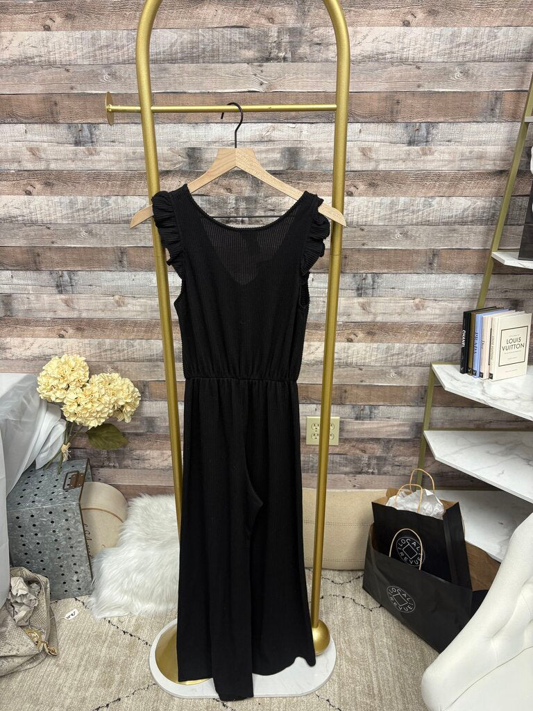 Caution to the Wind Black Ribbed Jumpsuit