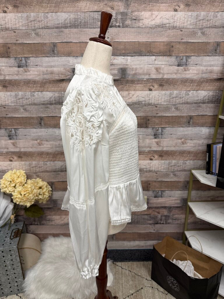 Anthropologie White Smocked Long Sleeve Blouse With Ruffle Details