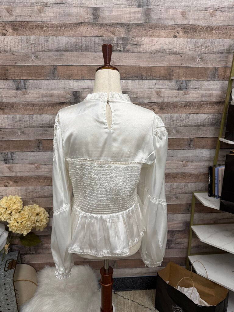 Anthropologie White Smocked Long Sleeve Blouse With Ruffle Details