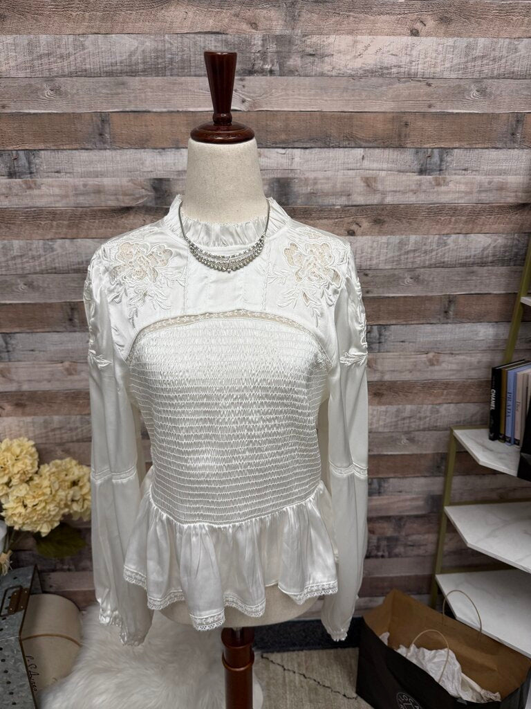Anthropologie White Smocked Long Sleeve Blouse With Ruffle Details