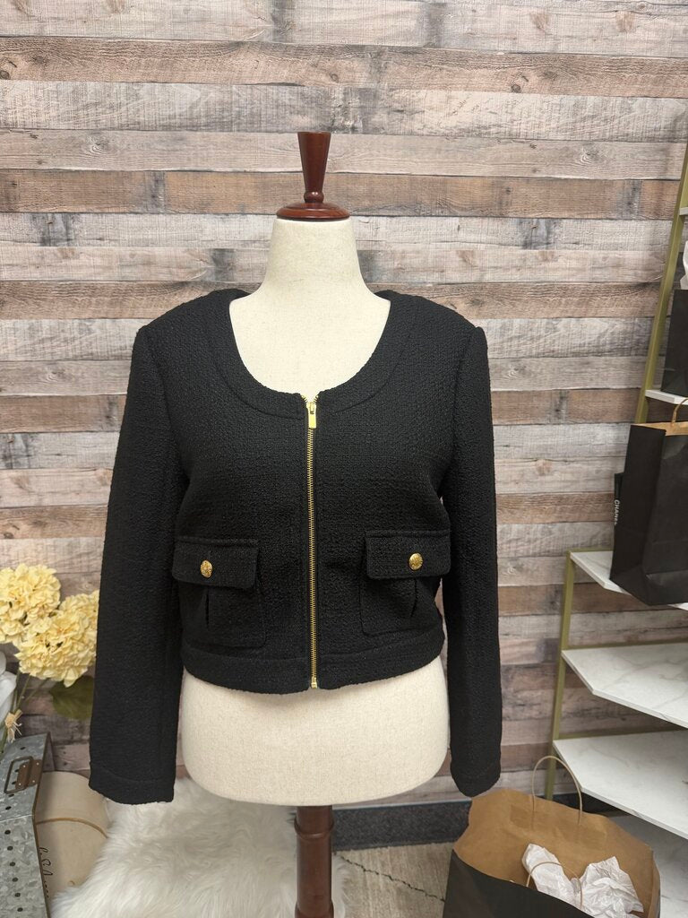 Ann Taylor Black Tweed Cropped Jacket With Gold Button Detials