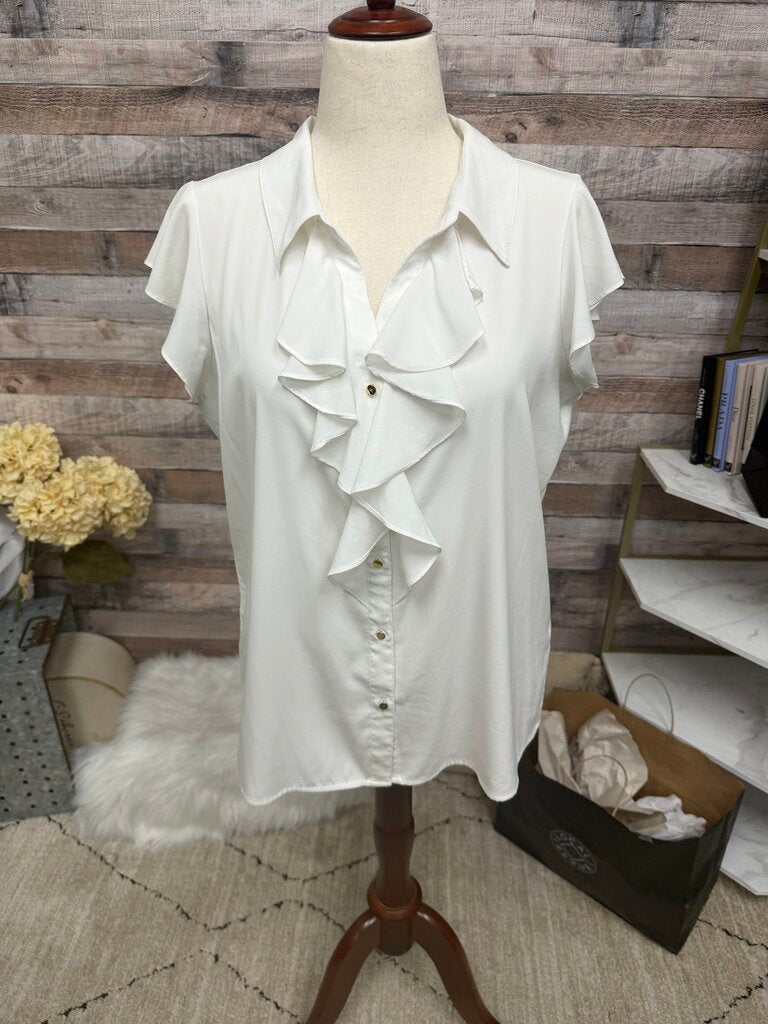 Calvin Klein White Ruffle Cap Sleeve Blouse
