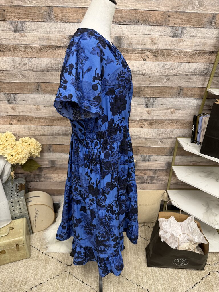 Anthropologie Royal Blue w/Black Floral Print Tiered