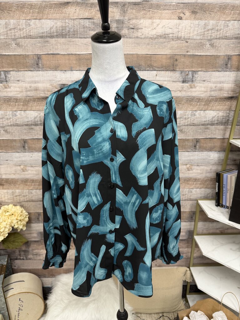 Chico's Blue & Black Brushstroke Button-Up XL