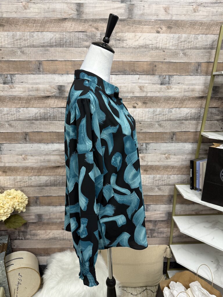 Chico's Blue & Black Brushstroke Button-Up XL