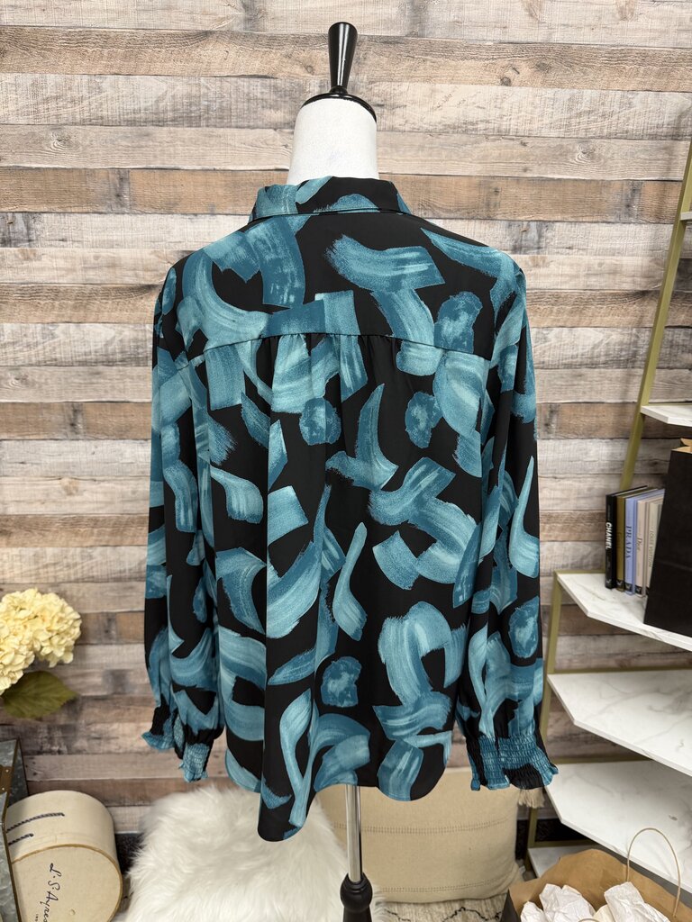 Chico's Blue & Black Brushstroke Button-Up XL
