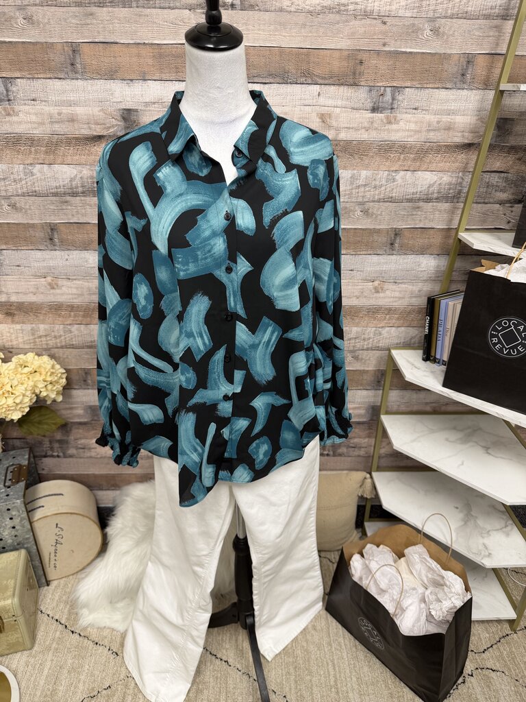 Chico's Blue & Black Brushstroke Button-Up XL