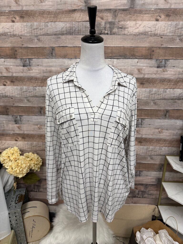 Jones New York White & Black Grid Pattern Shirt XL