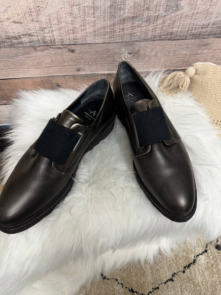 Aquatalia Black Leather Platform Loafers, Metallic Gunmetal Finish