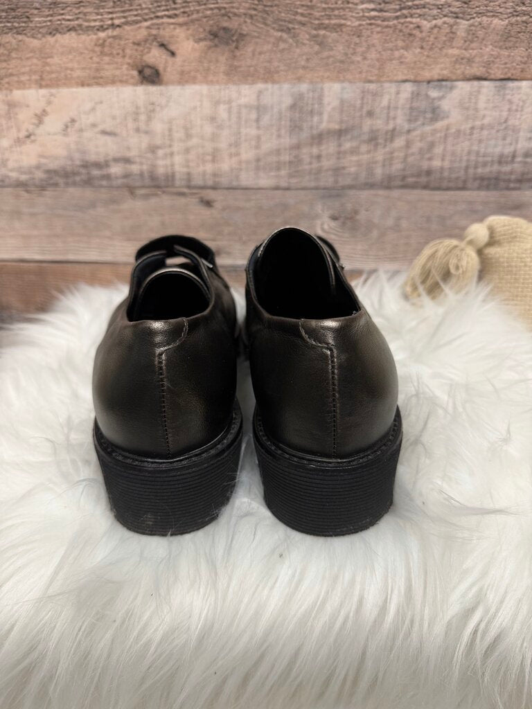 Aquatalia Black Leather Platform Loafers, Metallic Gunmetal Finish