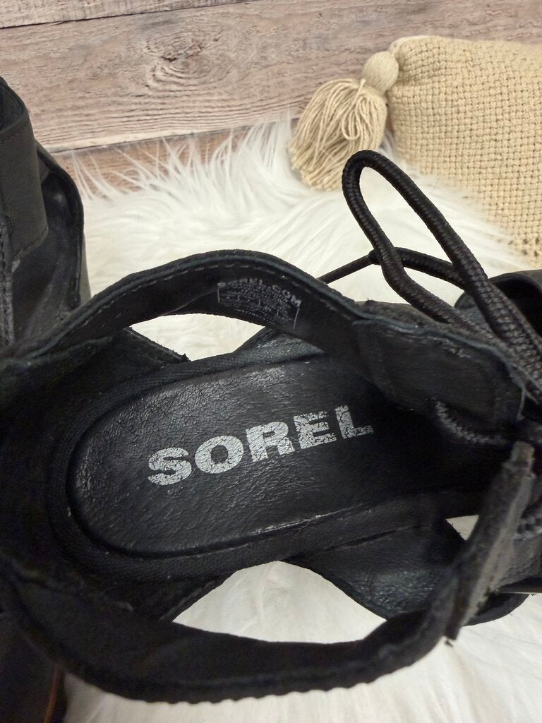 Sorel Black Leather Gladiator Wedge Sandals