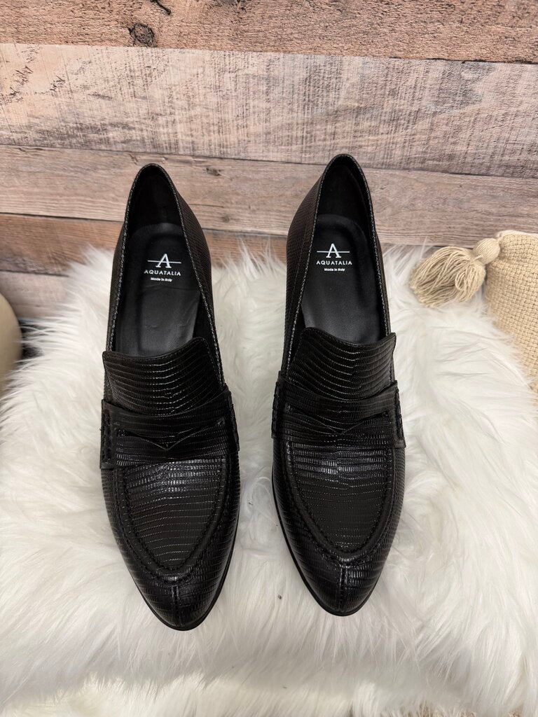 Aquatalia Black Leather Loafers With Croc Embossed