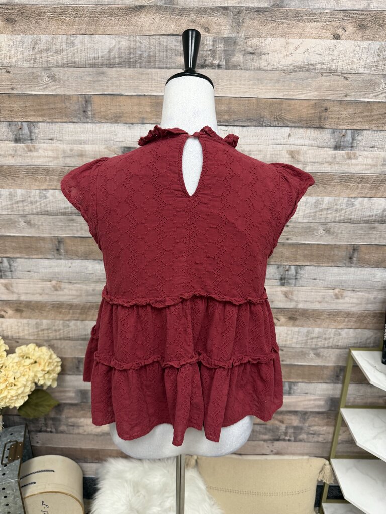 Jun & Ivy Wine Red Eyelet Ruffle Top