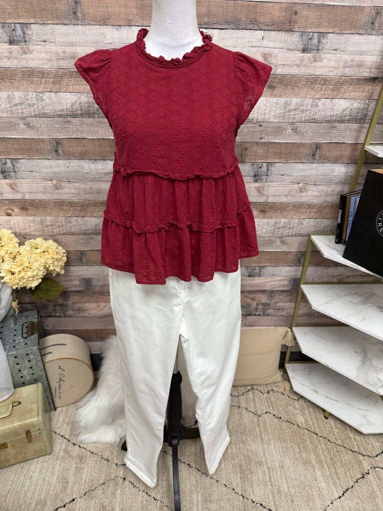 Jun & Ivy Wine Red Eyelet Ruffle Top