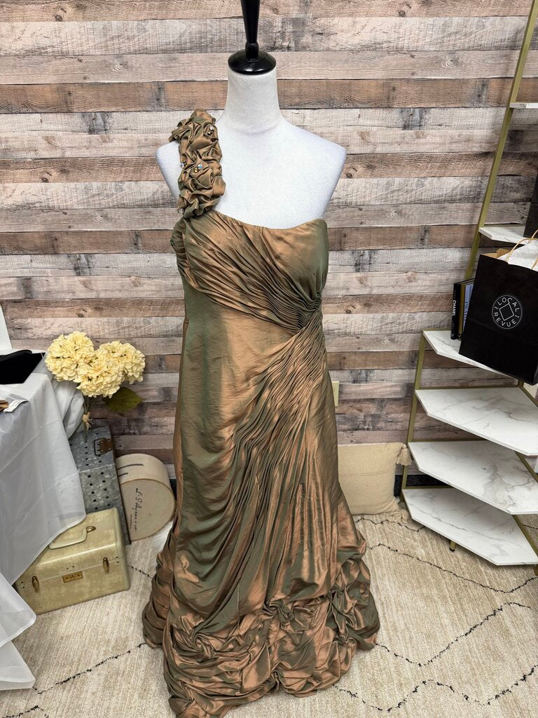 Montage by Mon Cheri Bronze Taffeta Strapless Gown