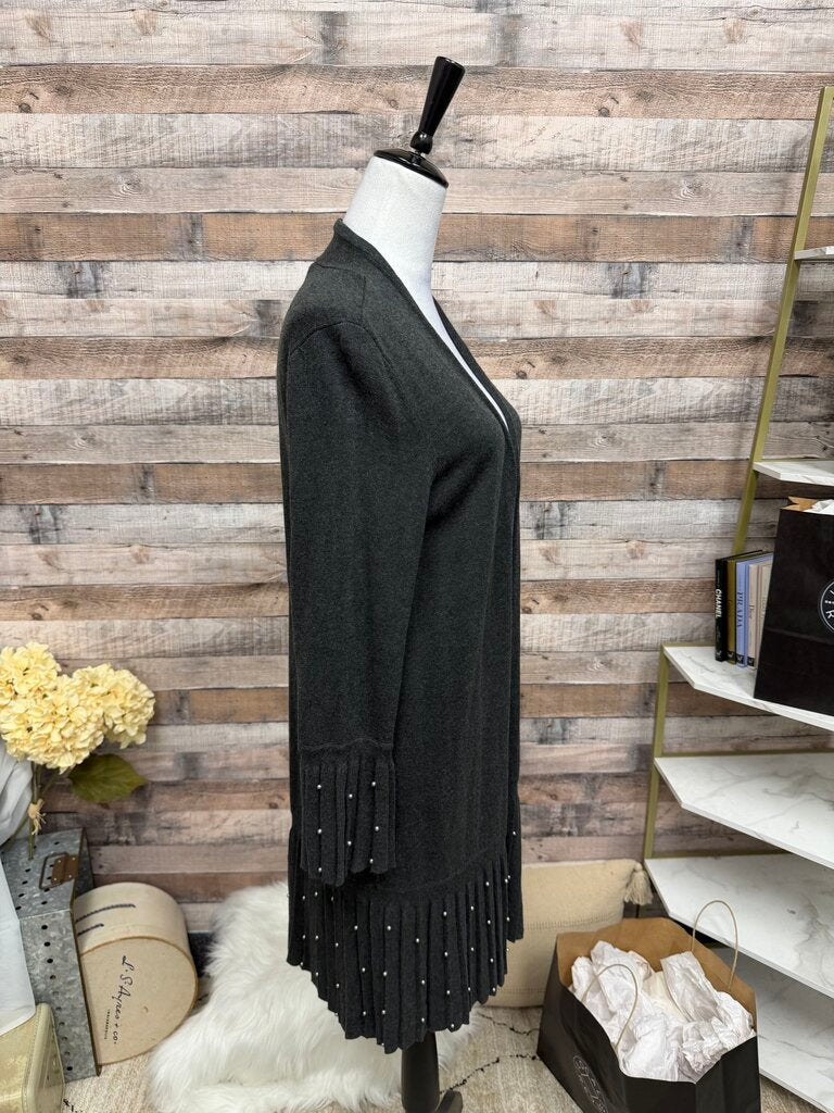 Chico's Grey Pleated Hem w/Pearl Detail Cardigan
