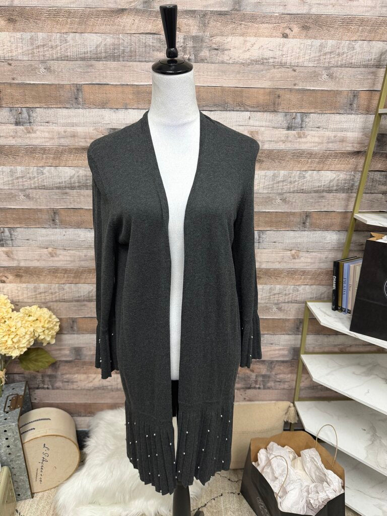 Chico's Grey Pleated Hem w/Pearl Detail Cardigan