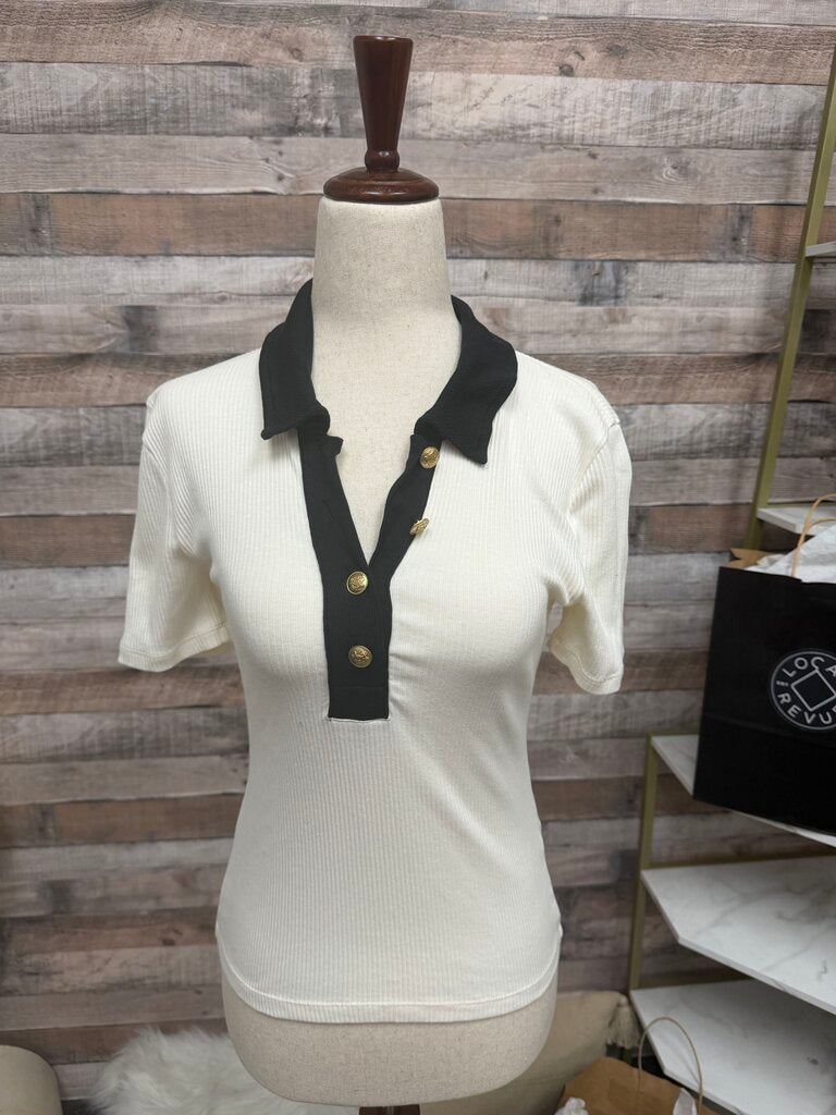 J Crew Cream Ribbed Polo w/Gold Buttons