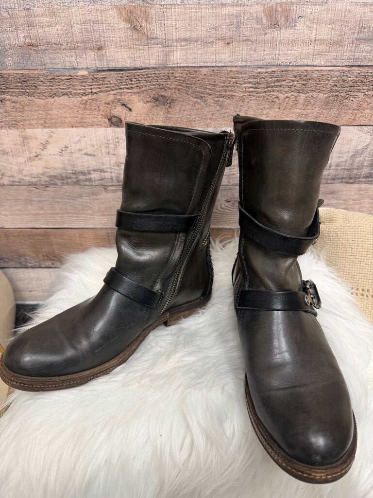 A.S.98 Black Distressed Moto Boot With Buckle Straps 38