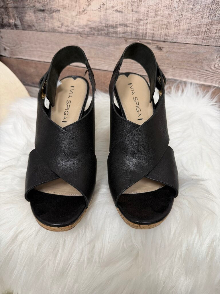 Via Spiga Black Leather Sandals Cork Heel With Open Toe