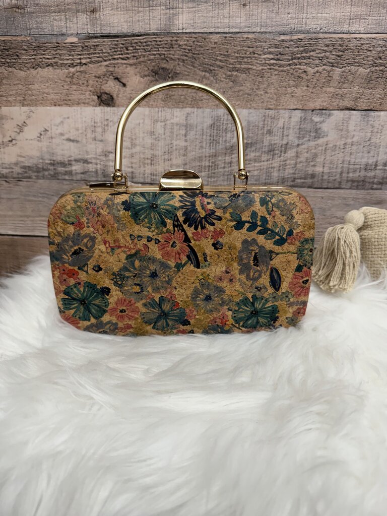 Cork Style Rose Gold w/Blue & Pink Floral Print Clutch