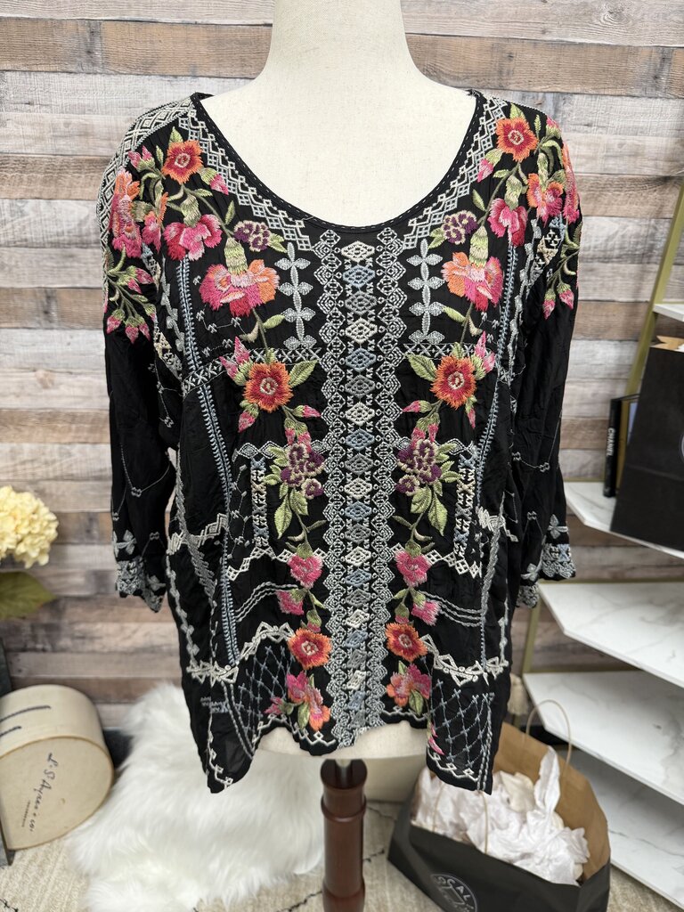 Johnny Was Black 3/4 Sleeve Blouse w/Pink Embroidered Flowers