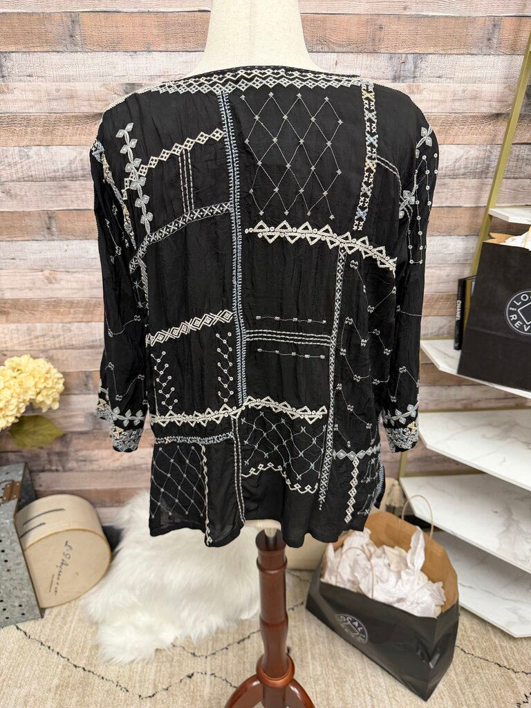 Johnny Was Black 3/4 Sleeve Blouse w/Pink Embroidered Flowers