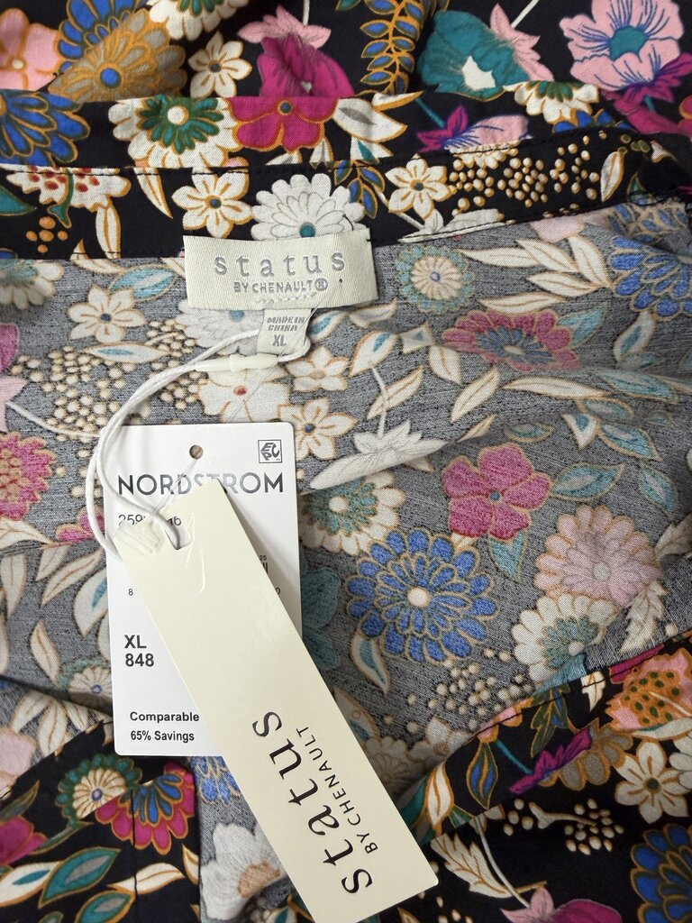 NWT Status by Chenault Black w/Flower Print Button Down