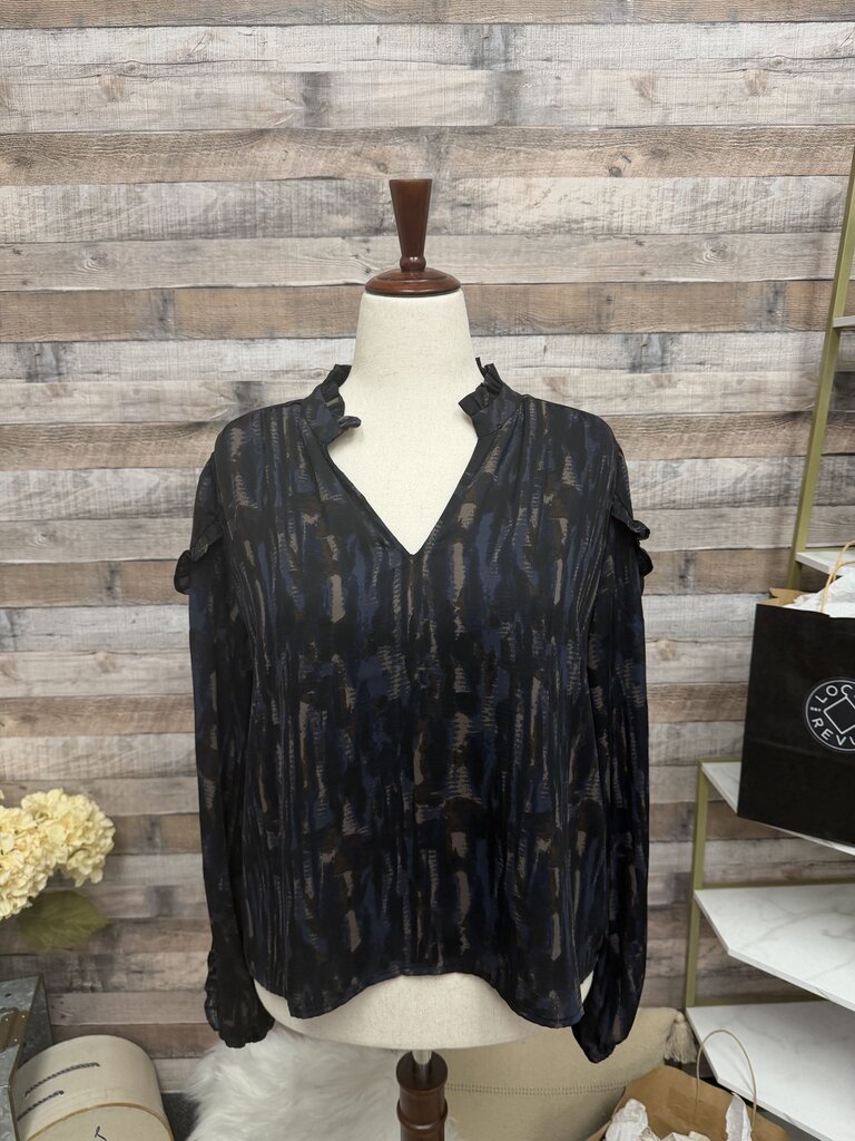 Evereve Black,Navy,Tan Abstract Print Ruffle Neck Blouse