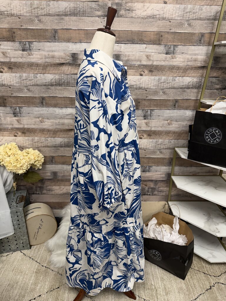 Maeve Anthropologie Blue & White Tropical Print Shirt Dress S