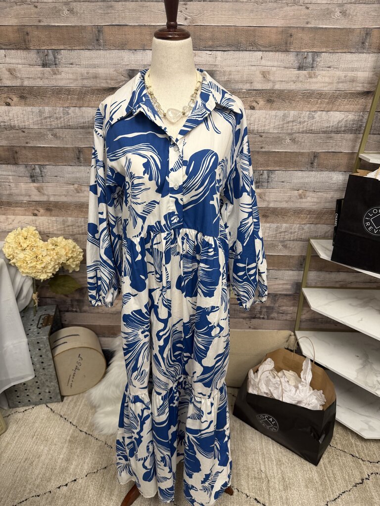 Maeve Anthropologie Blue & White Tropical Print Shirt Dress S