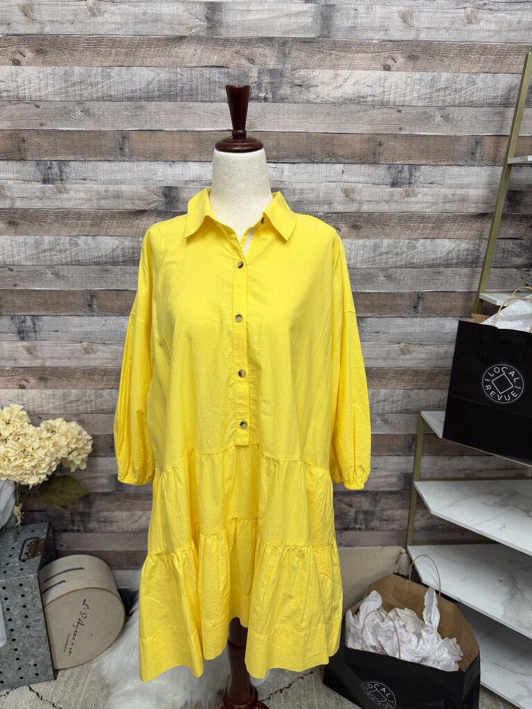 Free People Yellow Tiered Button-Front Shirt Dress S