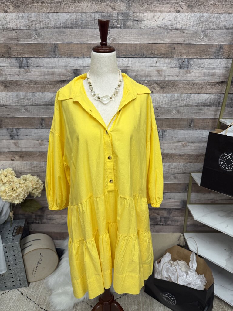 Free People Yellow Tiered Button-Front Shirt Dress S