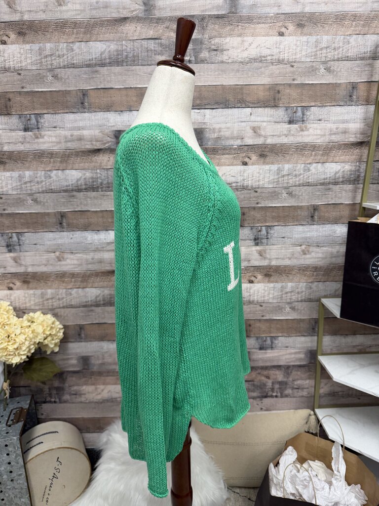 Wooden Ships "Lucky" Green Graphic Knit Sweater S/M