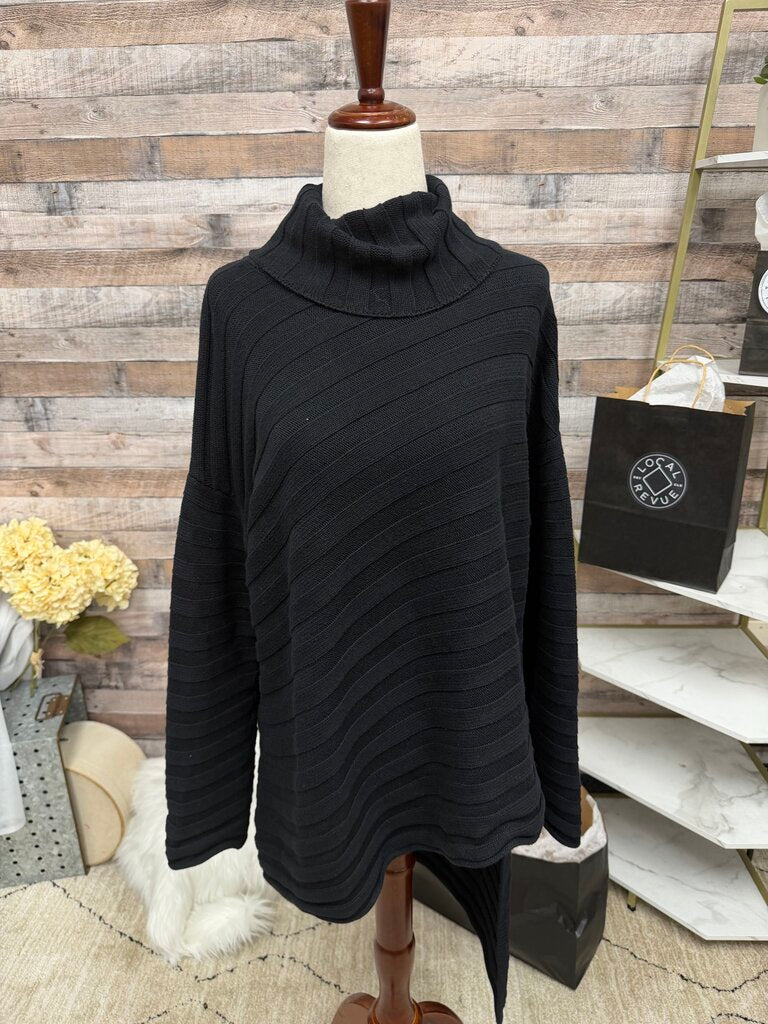 Free People Black Ribbed Asymmetric Design Turtle Neck Poncho XS