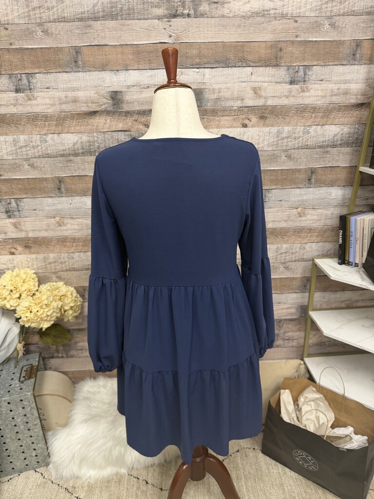 Navy V-Neck Long Sleeve Dress M