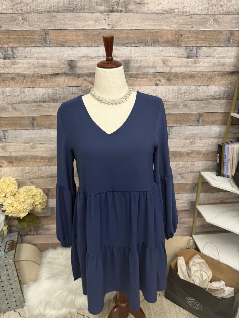 Navy V-Neck Long Sleeve Dress M