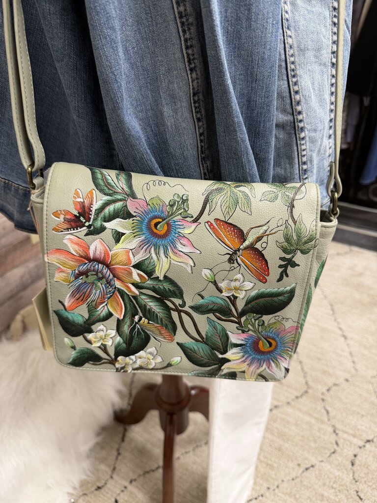 NWT Anuschka Sage Green w/Dragonflies & Floral Print Crossbody