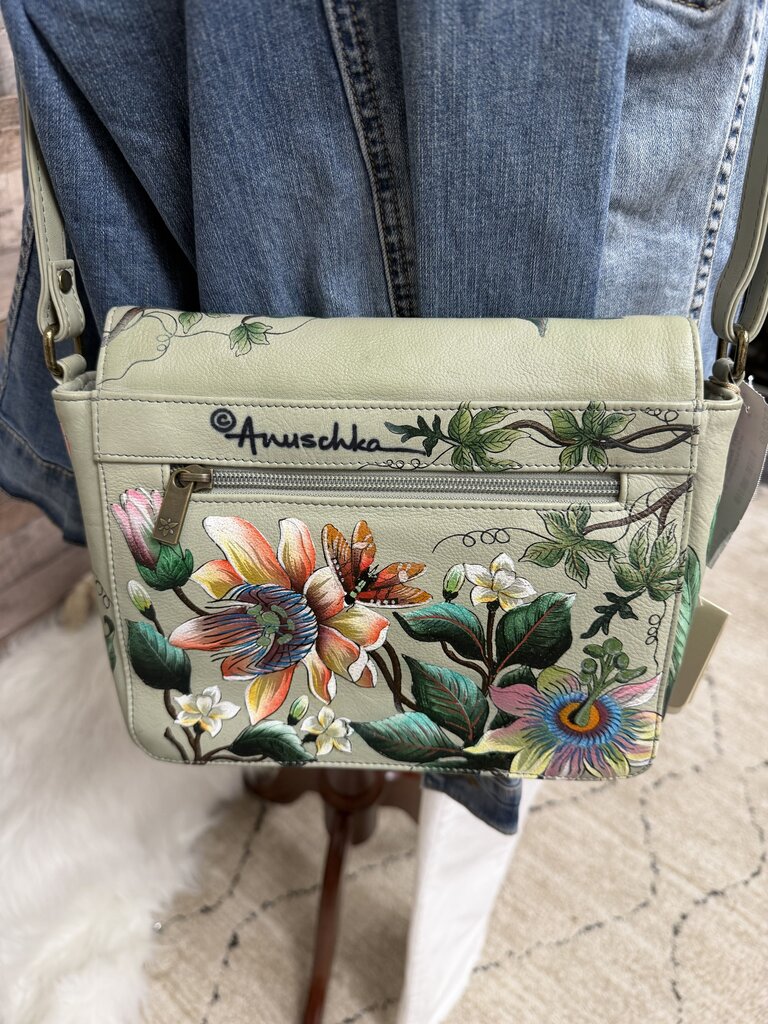 NWT Anuschka Sage Green w/Dragonflies & Floral Print Crossbody