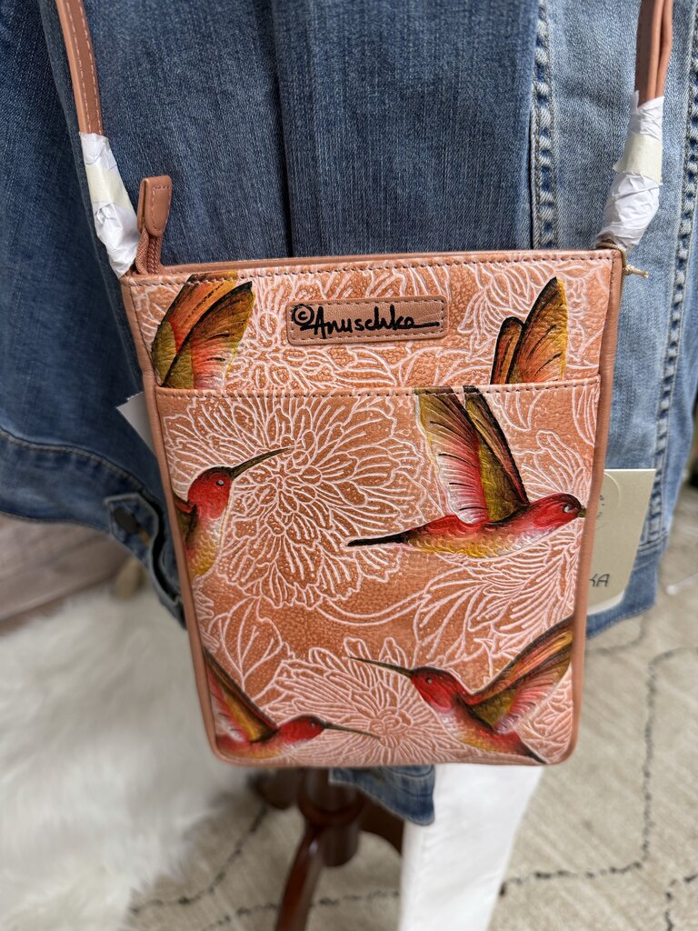 NWT Anuschka Coral w/Hummingbird Print Crossbody