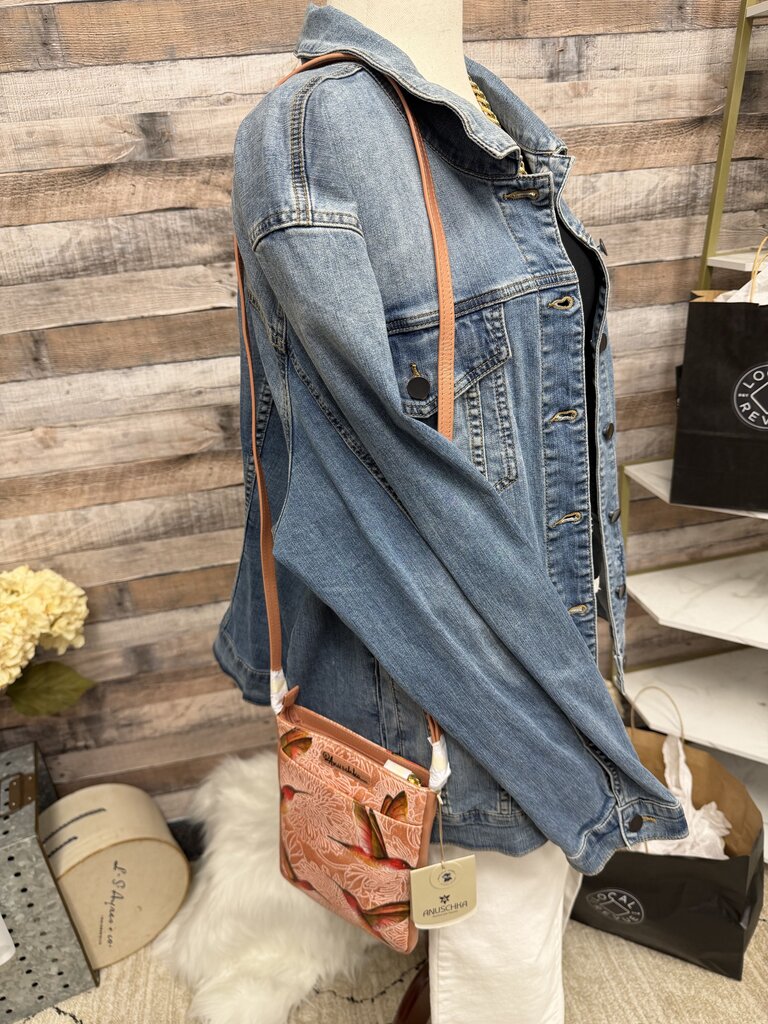 NWT Anuschka Coral w/Hummingbird Print Crossbody