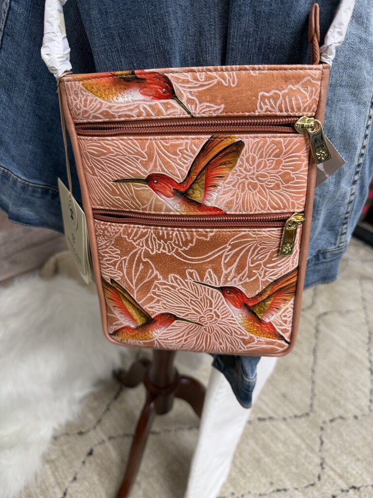 NWT Anuschka Coral w/Hummingbird Print Crossbody