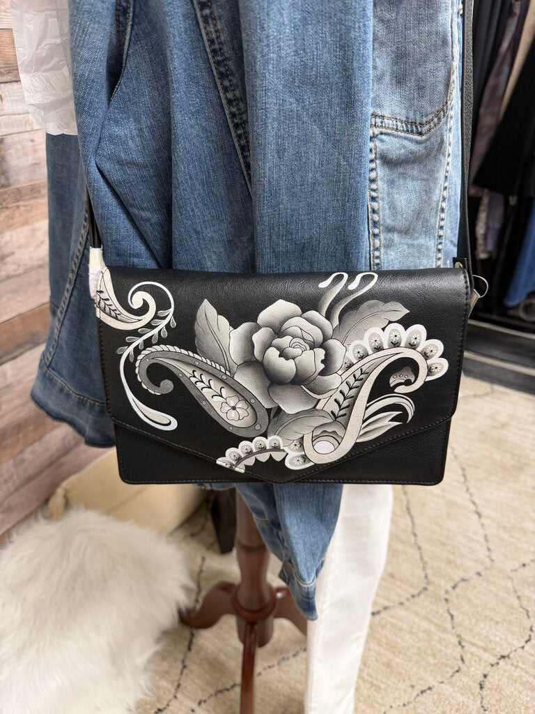 NWT Anuschka Black & White Paisley Rose Crossbody