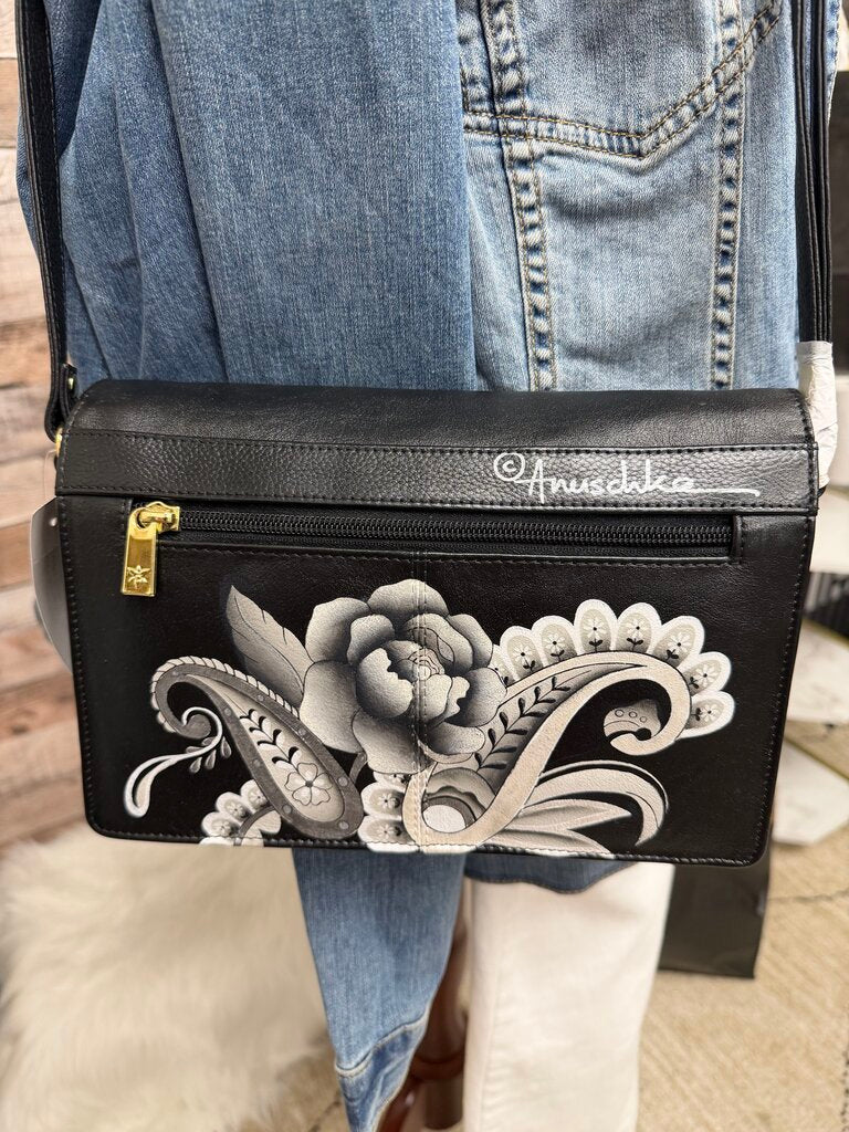NWT Anuschka Black & White Paisley Rose Crossbody