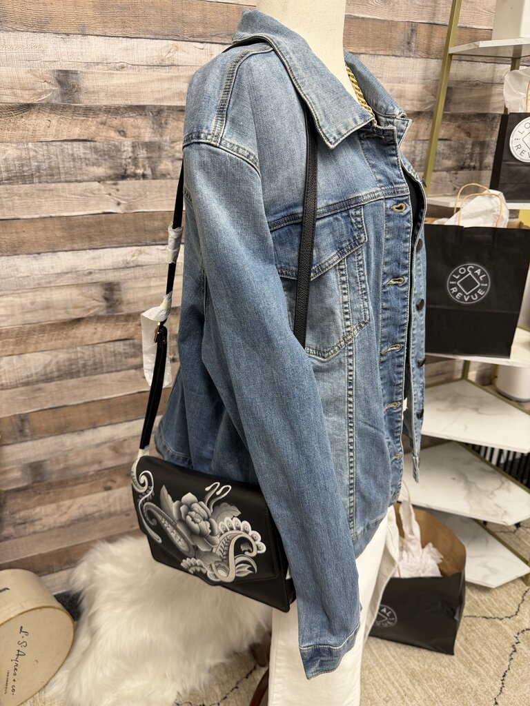 NWT Anuschka Black & White Paisley Rose Crossbody