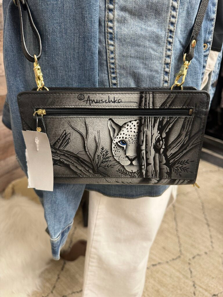 Anuschka Black & White Leopard Crossbody