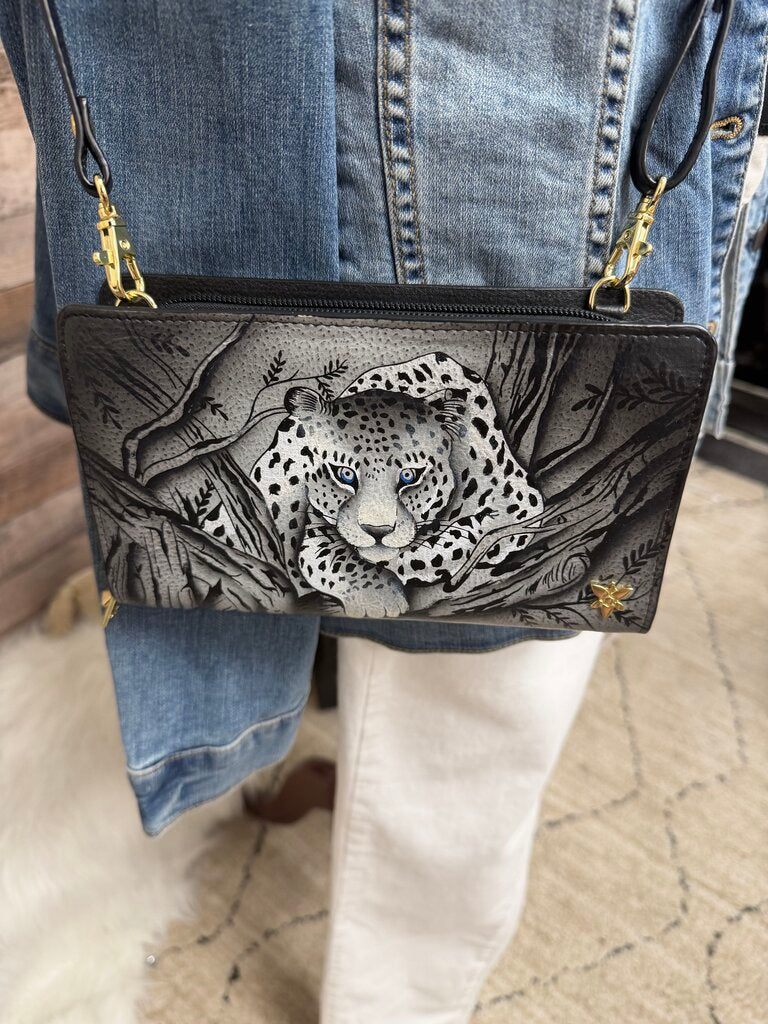 Anuschka Black & White Leopard Crossbody