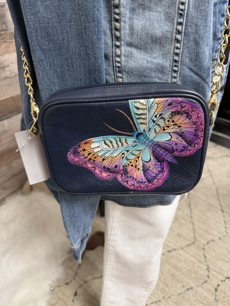 Anuschka Navy w/Butterfly & Gold Chain Crossbody