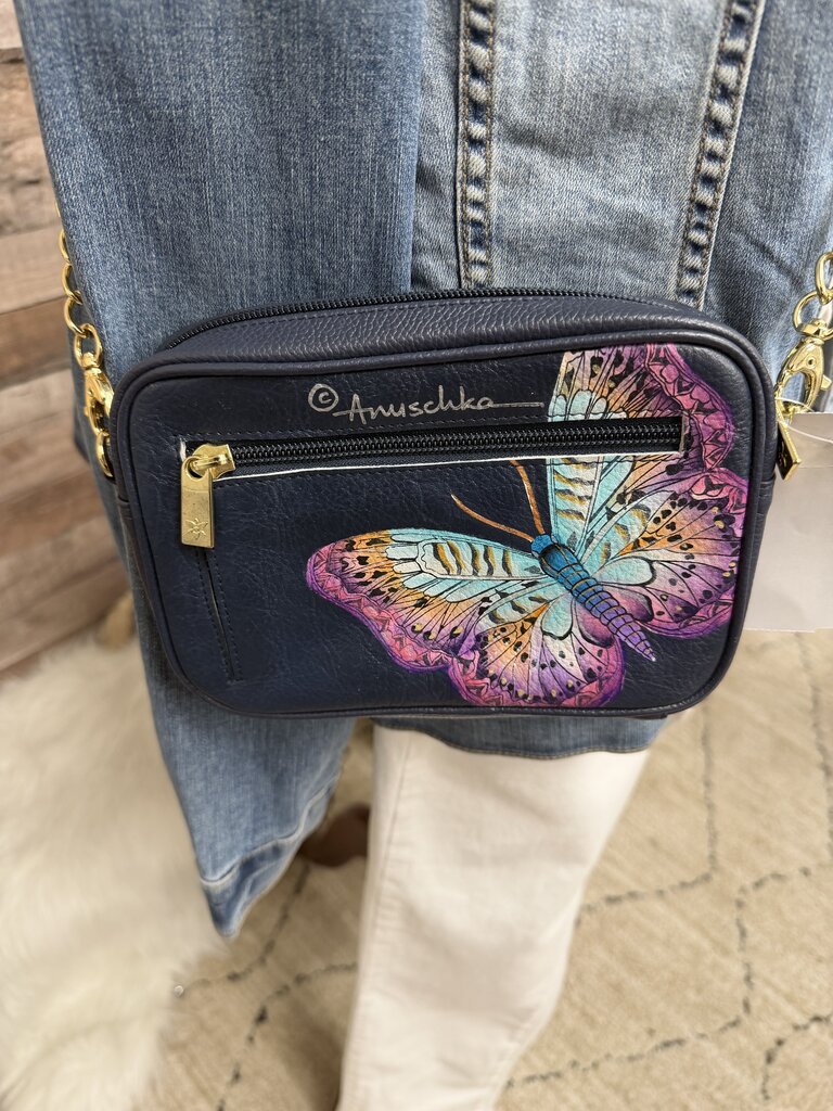 Anuschka Navy w/Butterfly & Gold Chain Crossbody