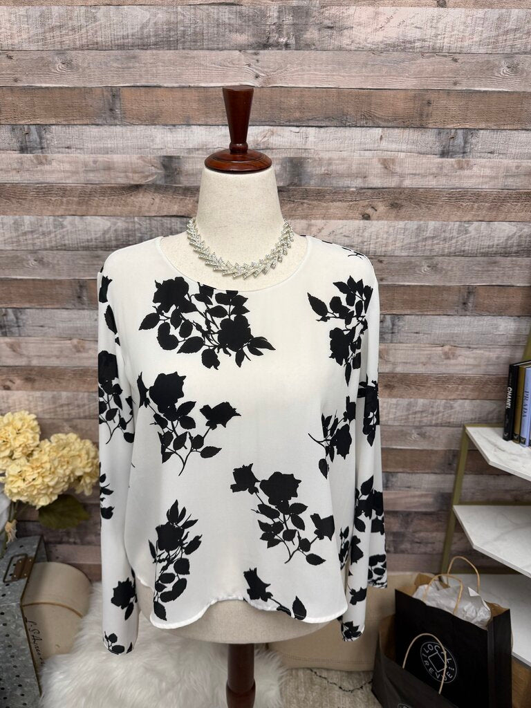 Vince Camuto White & Black Floral Pattern Blouse L